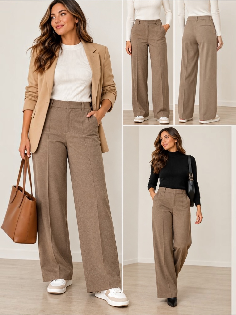 UNIQLO Brushed Jersey Wide Leg Pants XL Taupe Brown High Rise Trouser
